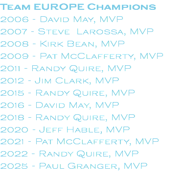 Team EUROPE Champions 2006 - David May, MVP 2007 - Steve Larossa, MVP 2008 - Kirk Bean, MVP 2009 - Pat McClafferty, MVP 2011 - Randy Quire, MVP 2012 - Jim Clark, MVP 2015 - Randy Quire, MVP 2016 - David May, MVP 2018 - Randy Quire, MVP 2020 - Jeff Hable, MVP 2021 - Pat McClafferty, MVP 2022 - Randy Quire, MVP 2025 - Paul Granger, MVP