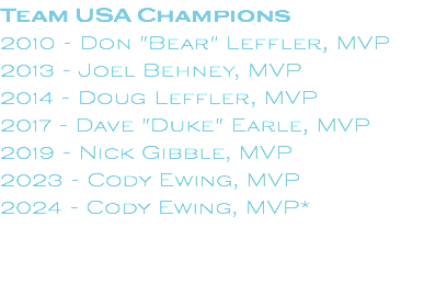 Team USA Champions 2010 - Don "Bear" Leffler, MVP 2013 - Joel Behney, MVP 2014 - Doug Leffler, MVP 2017 - Dave "Duke" Earle, MVP 2019 - Nick Gibble, MVP 2023 - Cody Ewing, MVP 2024 - Cody Ewing, MVP* 